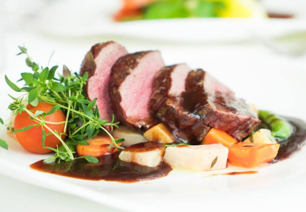 A plate with steak and vegetables